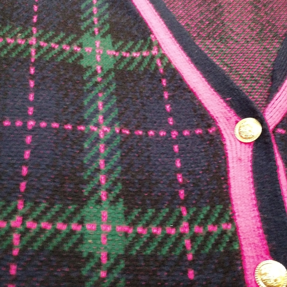 Crown Ivy Long Sleeve Pink and Navy Blue Plaid Button Front Cardigan - Picture 4 of 6